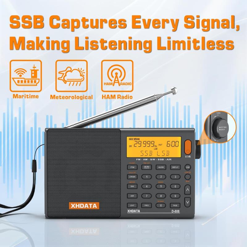 Rádio portátil XHDATA D808 AM FM SW LW Air Band SSB RDS Cinza